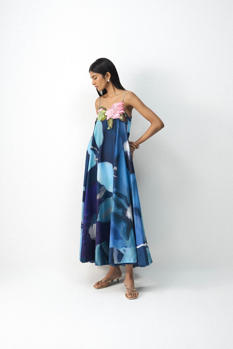 BLUE LAGOON PATCHWORK DRESS satin by Yam in blue color for women in Singapore