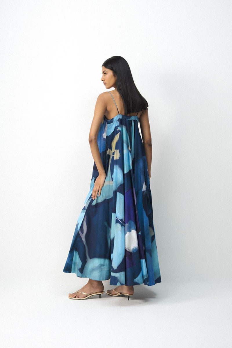 BLUE LAGOON PATCHWORK DRESS satin by Yam in blue color for women in Singapore