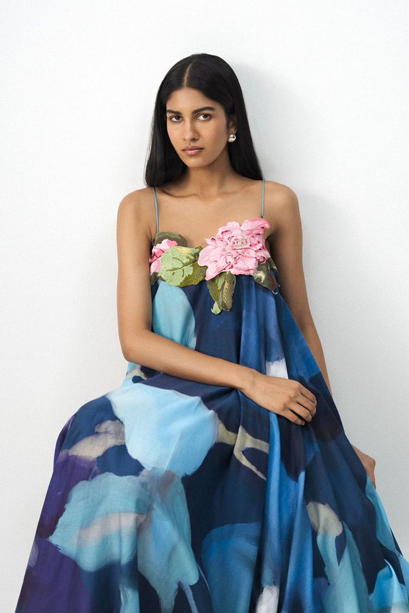 BLUE LAGOON PATCHWORK DRESS satin by Yam in blue color for women in Singapore