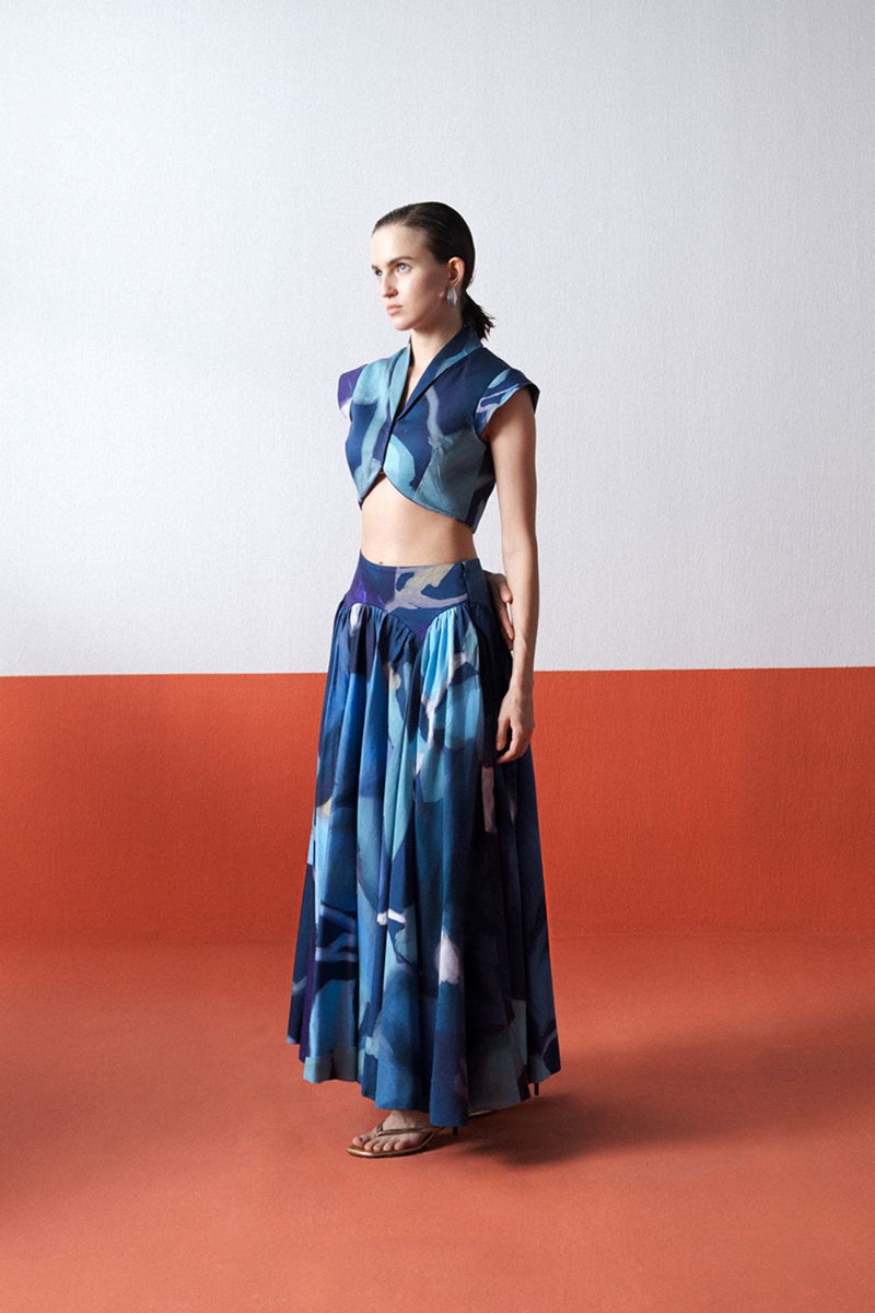 BLUE LAGOON SKIRT SET satin by Yam in blue color for women in Singapore