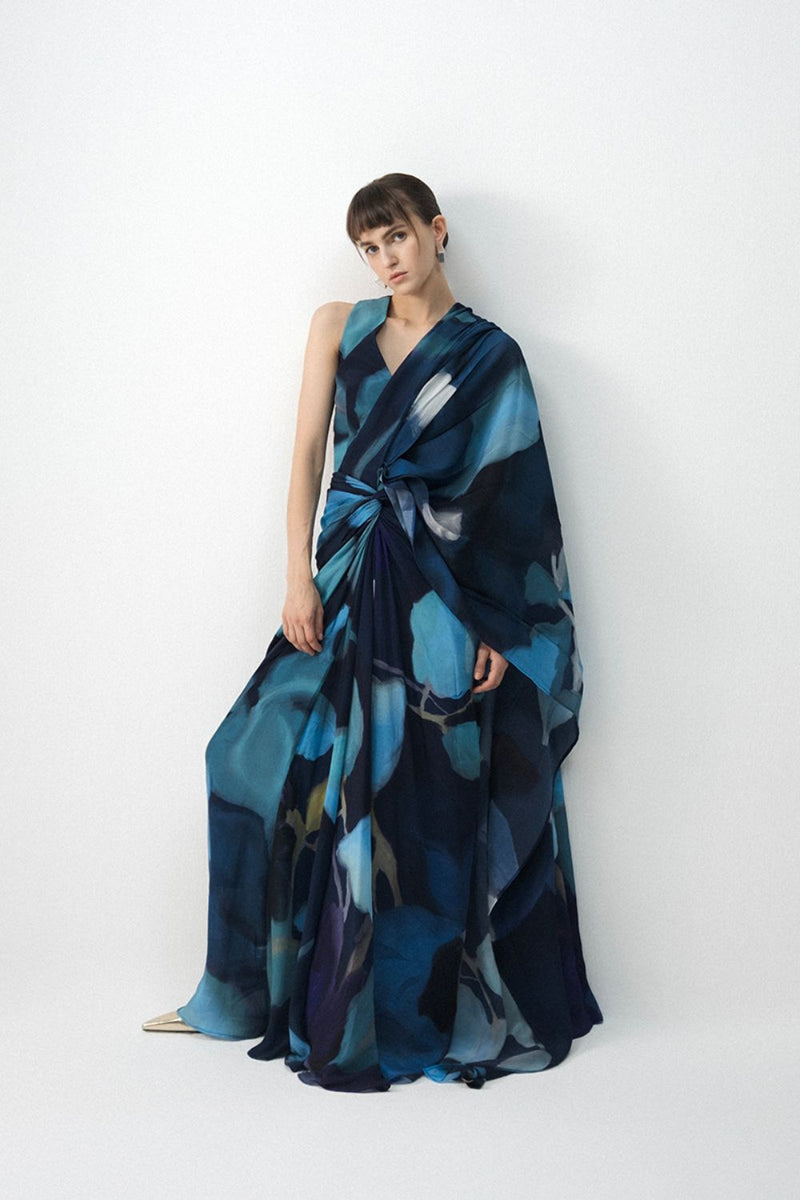 BLUE LAGOON TOP & PRE- DRAPED SAREE SET by Yam in blue color for women in Singapore