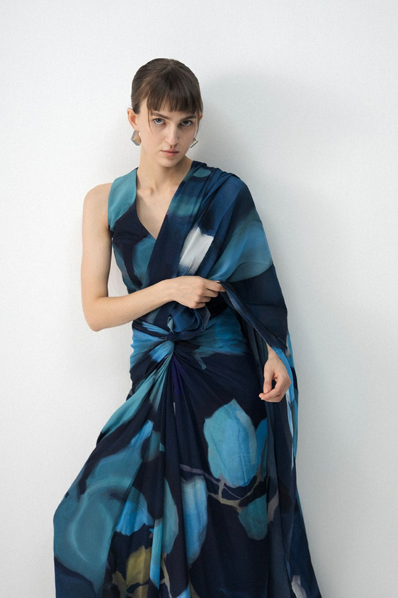 BLUE LAGOON TOP & PRE- DRAPED SAREE SET by Yam in blue color for women in Singapore