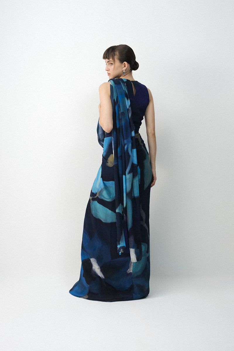 BLUE LAGOON TOP & PRE- DRAPED SAREE SET by Yam in blue color for women in Singapore