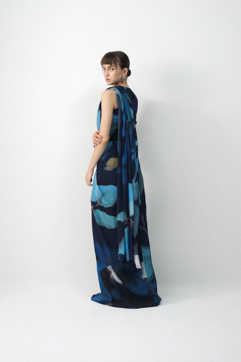 BLUE LAGOON TOP & PRE- DRAPED SAREE SET by Yam in blue color for women in Singapore