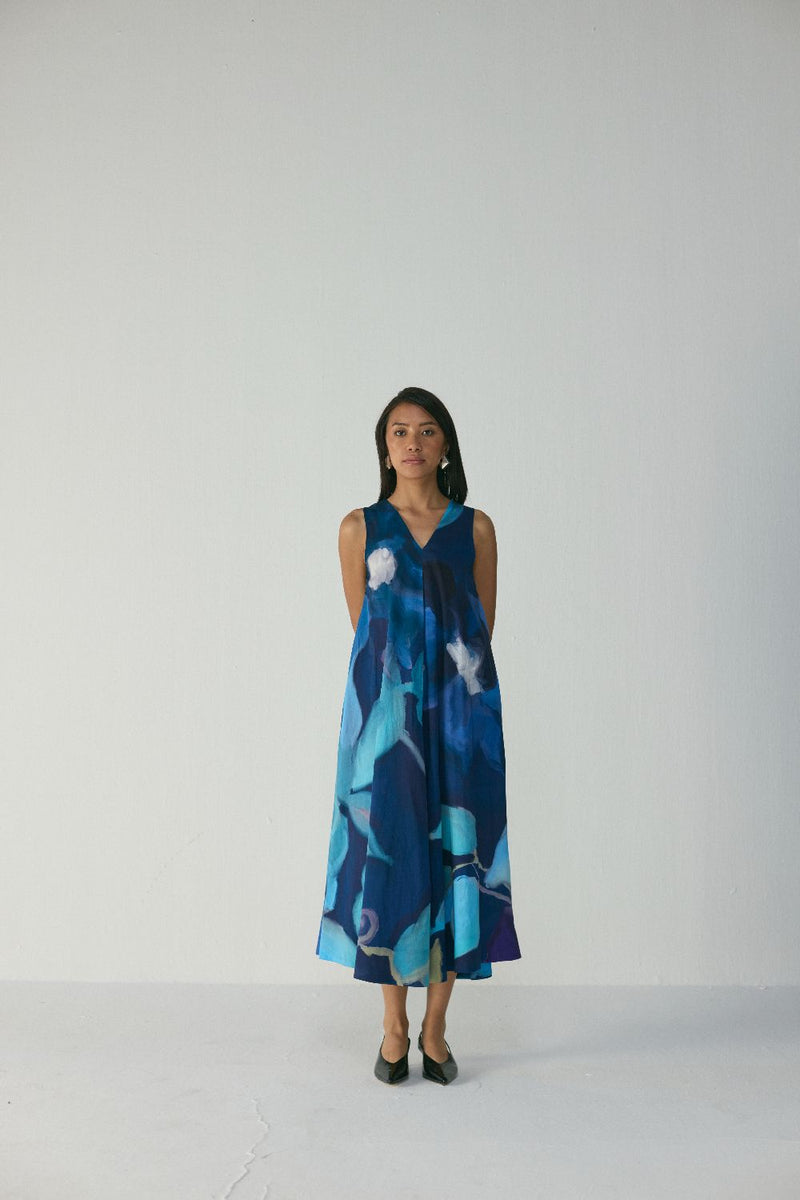 BLUE LAGOON V NECK DRESS satin by Yam in blue color for women in Singapore