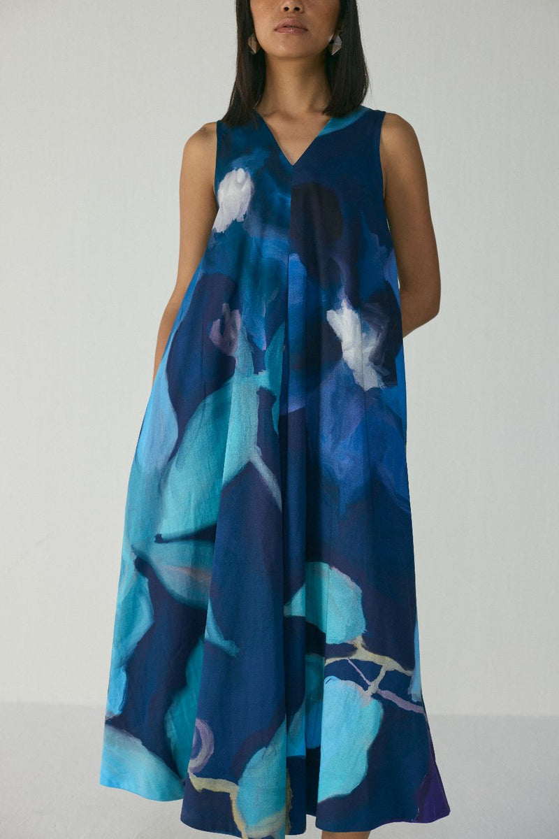 BLUE LAGOON V NECK DRESS satin by Yam in blue color for women in Singapore