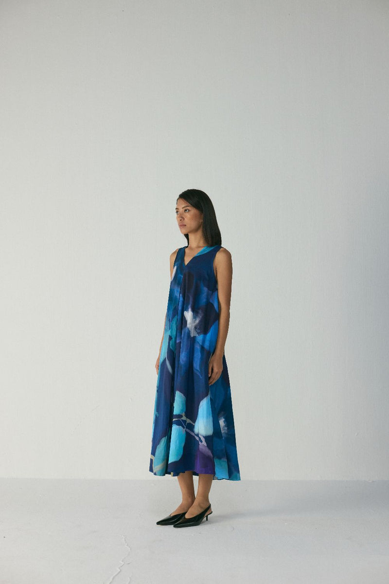 BLUE LAGOON V NECK DRESS satin by Yam in blue color for women in Singapore