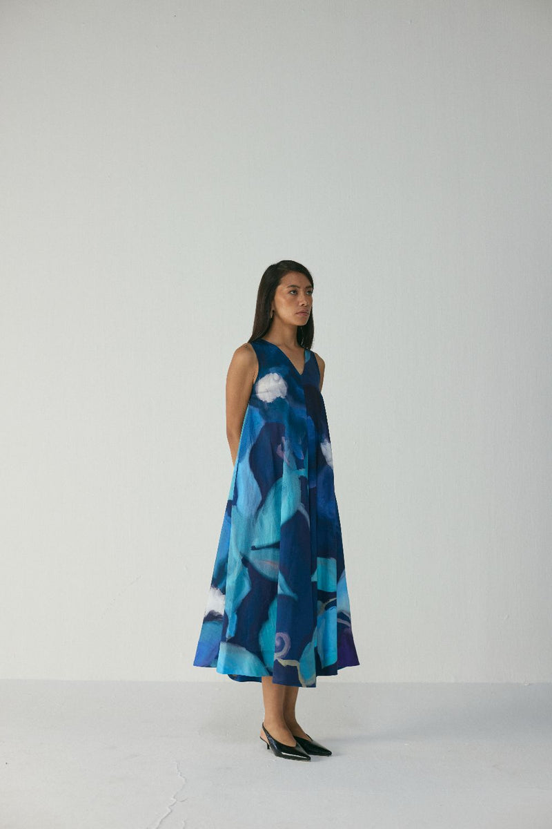 BLUE LAGOON V NECK DRESS satin by Yam in blue color for women in Singapore