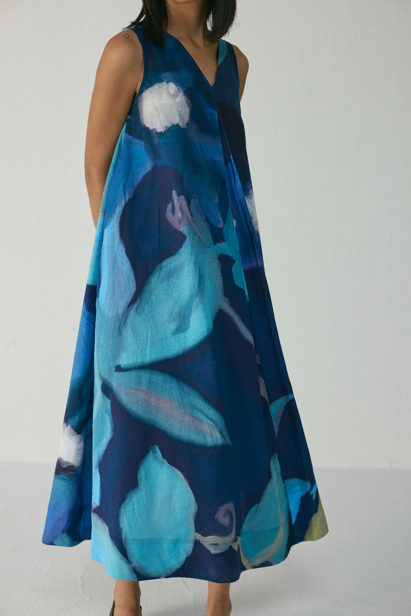 BLUE LAGOON V NECK DRESS satin by Yam in blue color for women in Singapore