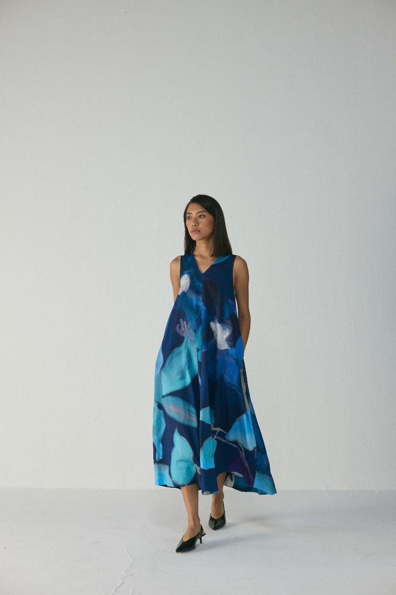 BLUE LAGOON V NECK DRESS satin by Yam in blue color for women in Singapore