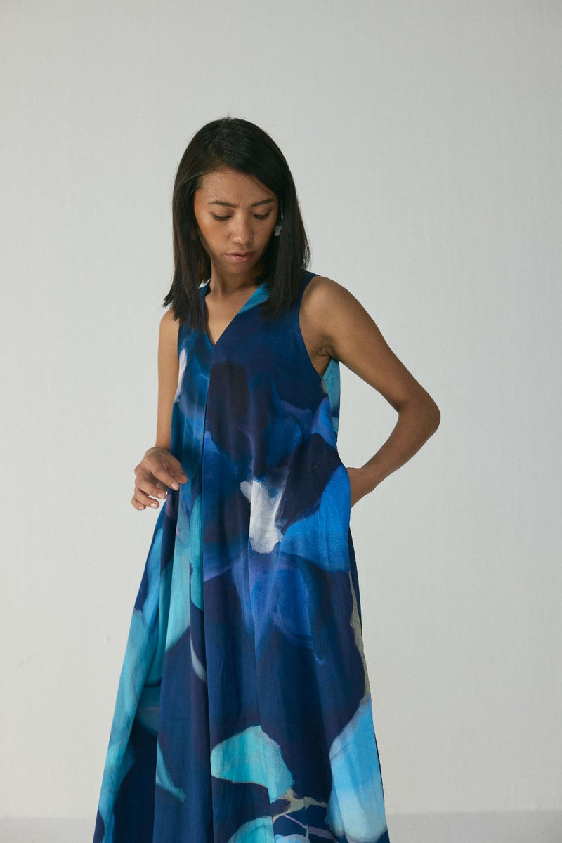 BLUE LAGOON V NECK DRESS satin by Yam in blue color for women in Singapore