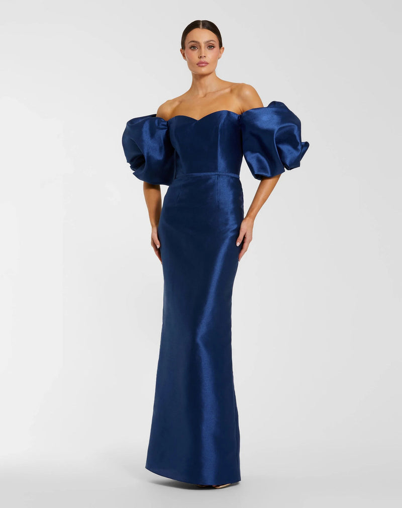 27276-Blue Off The Shoulder Puff Sleeve Satin Evening Gown polyester evening-gowns by Mac Duggal in blue for women in Singapore
