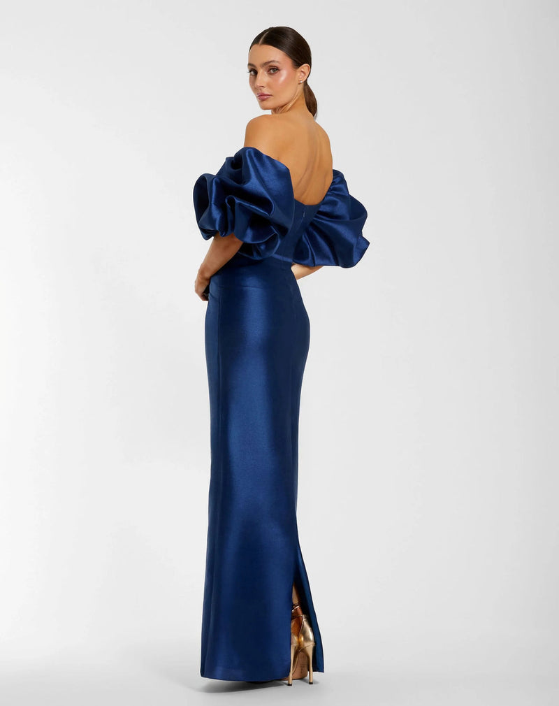 27276-Blue Off The Shoulder Puff Sleeve Satin Evening Gown polyester evening-gowns by Mac Duggal in blue for women in Singapore
