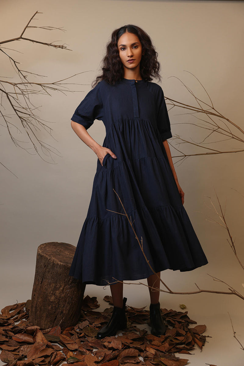 Blue Raglan Tiered Dress 100% cotton by Mati in blue color for women in Singapore