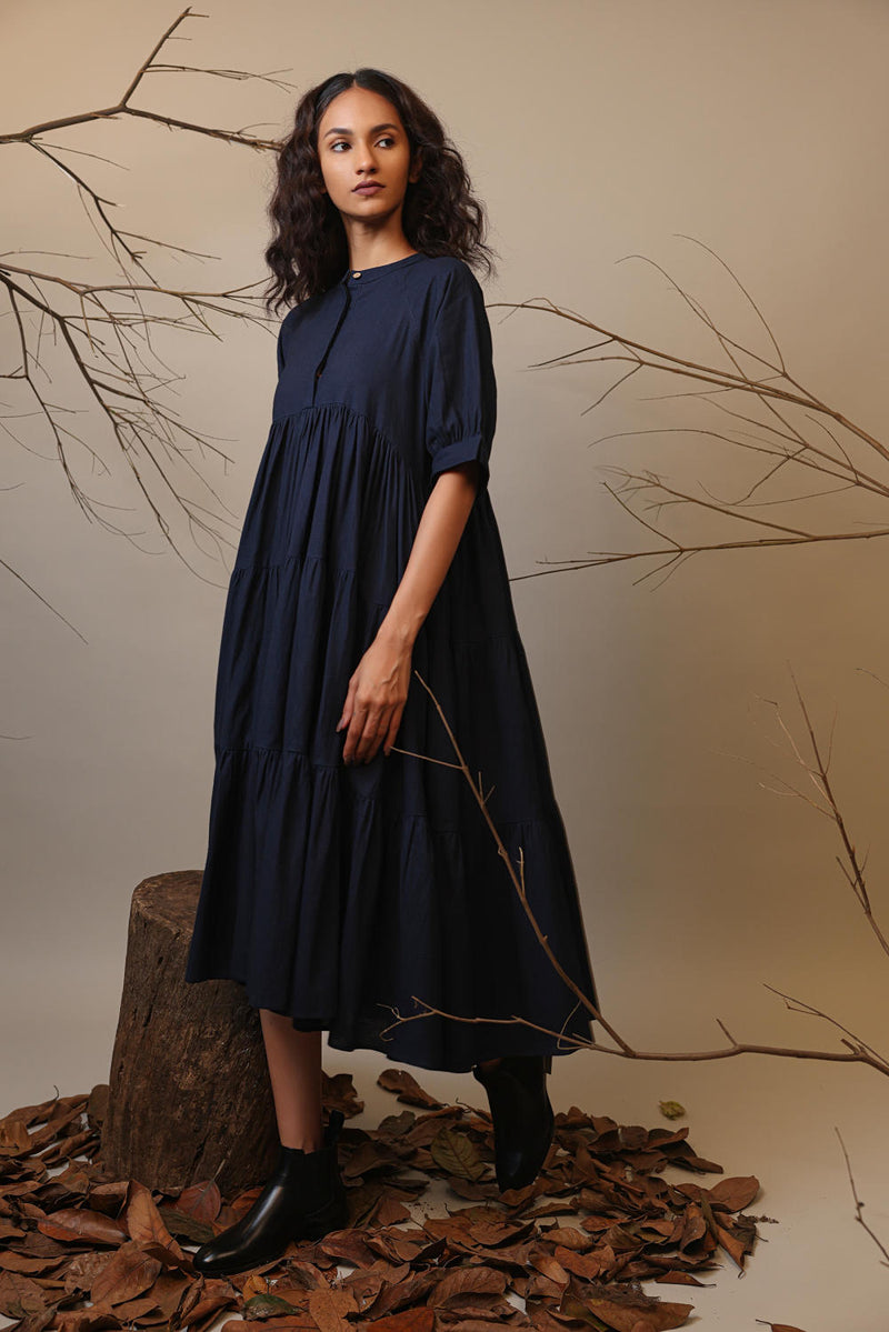 Blue Raglan Tiered Dress 100% cotton by Mati in blue color for women in Singapore
