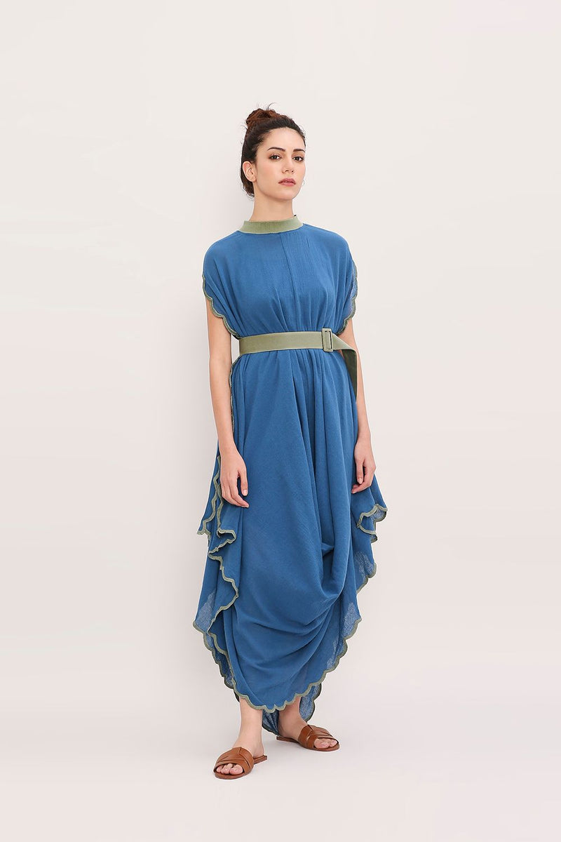 Blue Ribbed Scallop Cowl Dress cotton by Mati in blue color for women in Singapore