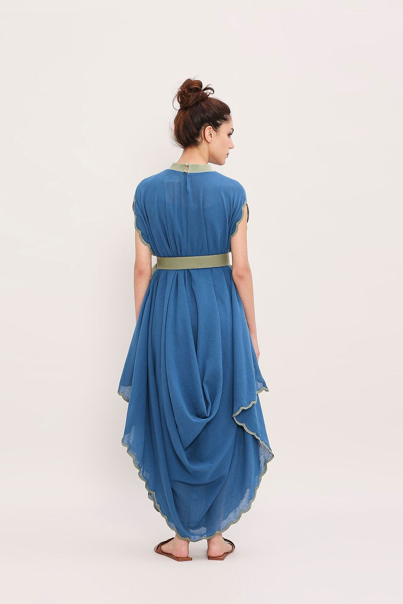 Blue Ribbed Scallop Cowl Dress cotton by Mati in blue color for women in Singapore