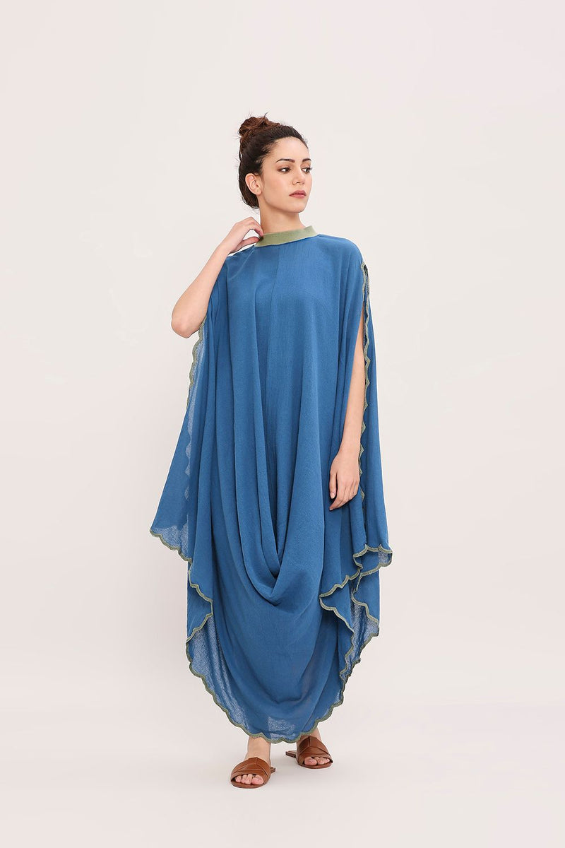 Blue Ribbed Scallop Cowl Dress cotton by Mati in blue color for women in Singapore