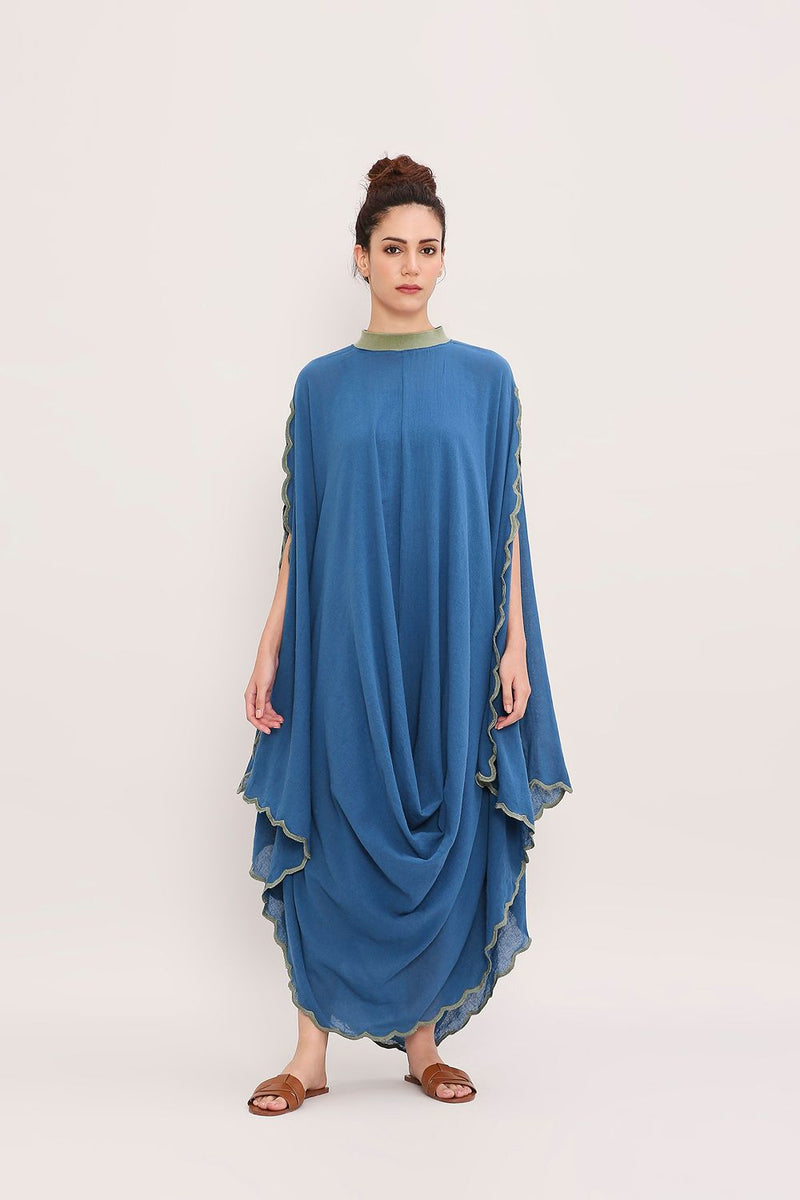 Blue Ribbed Scallop Cowl Dress cotton by Mati in blue color for women in Singapore