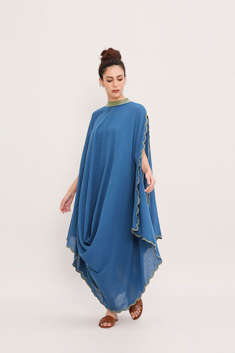 Blue Ribbed Scallop Cowl Dress cotton by Mati in blue color for women in Singapore