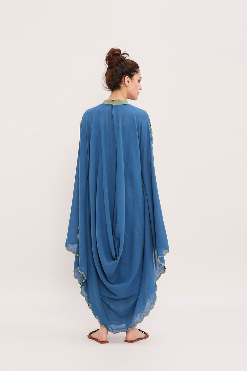 Blue Ribbed Scallop Cowl Dress cotton by Mati in blue color for women in Singapore