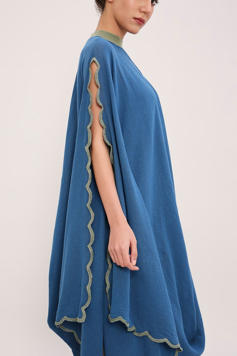 Blue Ribbed Scallop Cowl Dress cotton by Mati in blue color for women in Singapore