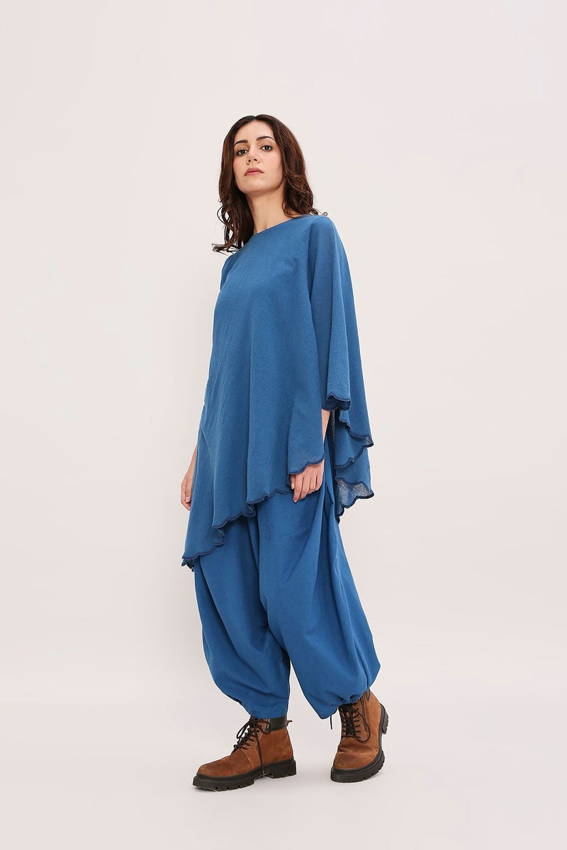 Blue Ribbed Scallop Tunic Set (2 PCS) cotton by Mati in blue color for women in Singapore