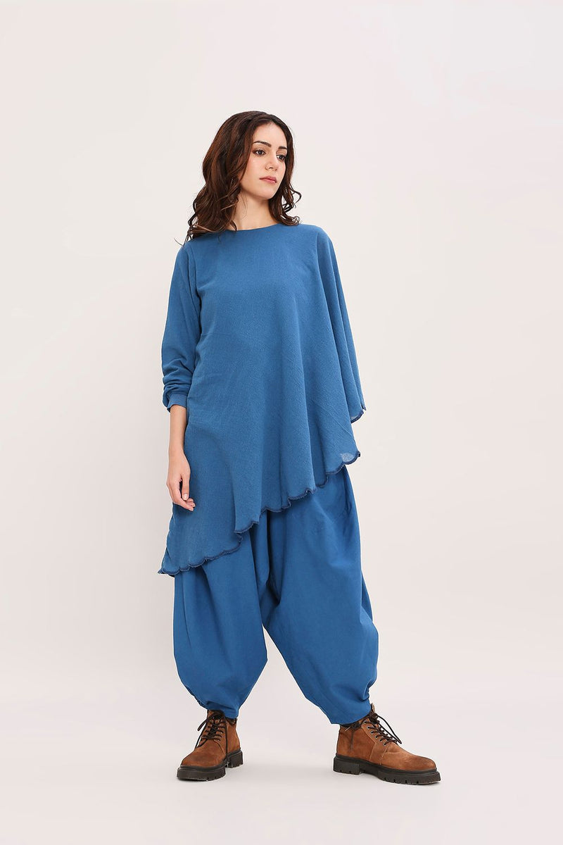 Blue Ribbed Scallop Tunic Set (2 PCS) cotton by Mati in blue color for women in Singapore
