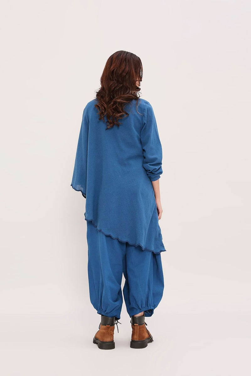 Blue Ribbed Scallop Tunic Set (2 PCS) cotton by Mati in blue color for women in Singapore