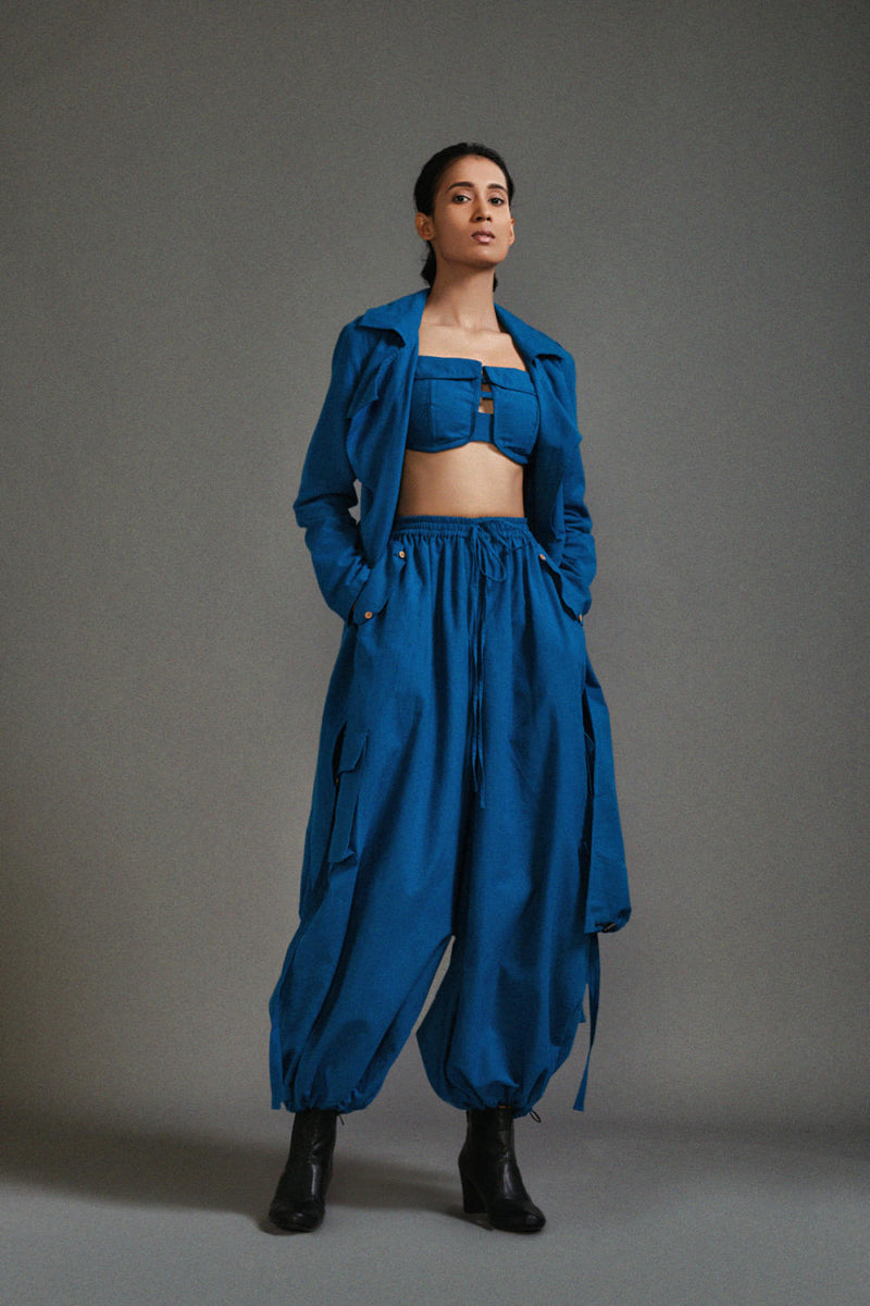 Blue Safari Cargo Trench Set cotton by Mati in blue color for women in Singapore