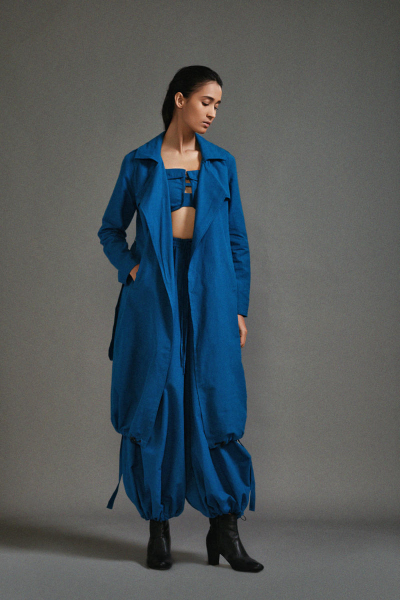 Blue Safari Cargo Trench Set cotton by Mati in blue color for women in Singapore