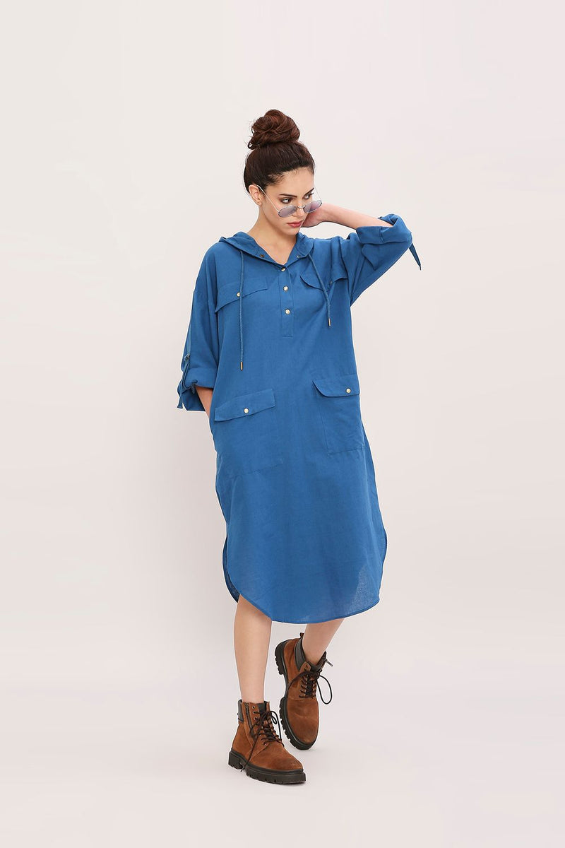 Blue Safari Pocket Hooded Dress cotton by Mati in blue color for women in Singapore