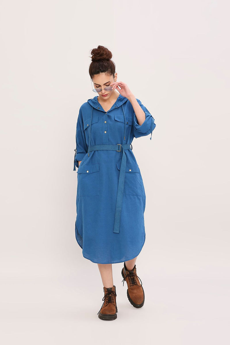 Blue Safari Pocket Hooded Dress cotton by Mati in blue color for women in Singapore