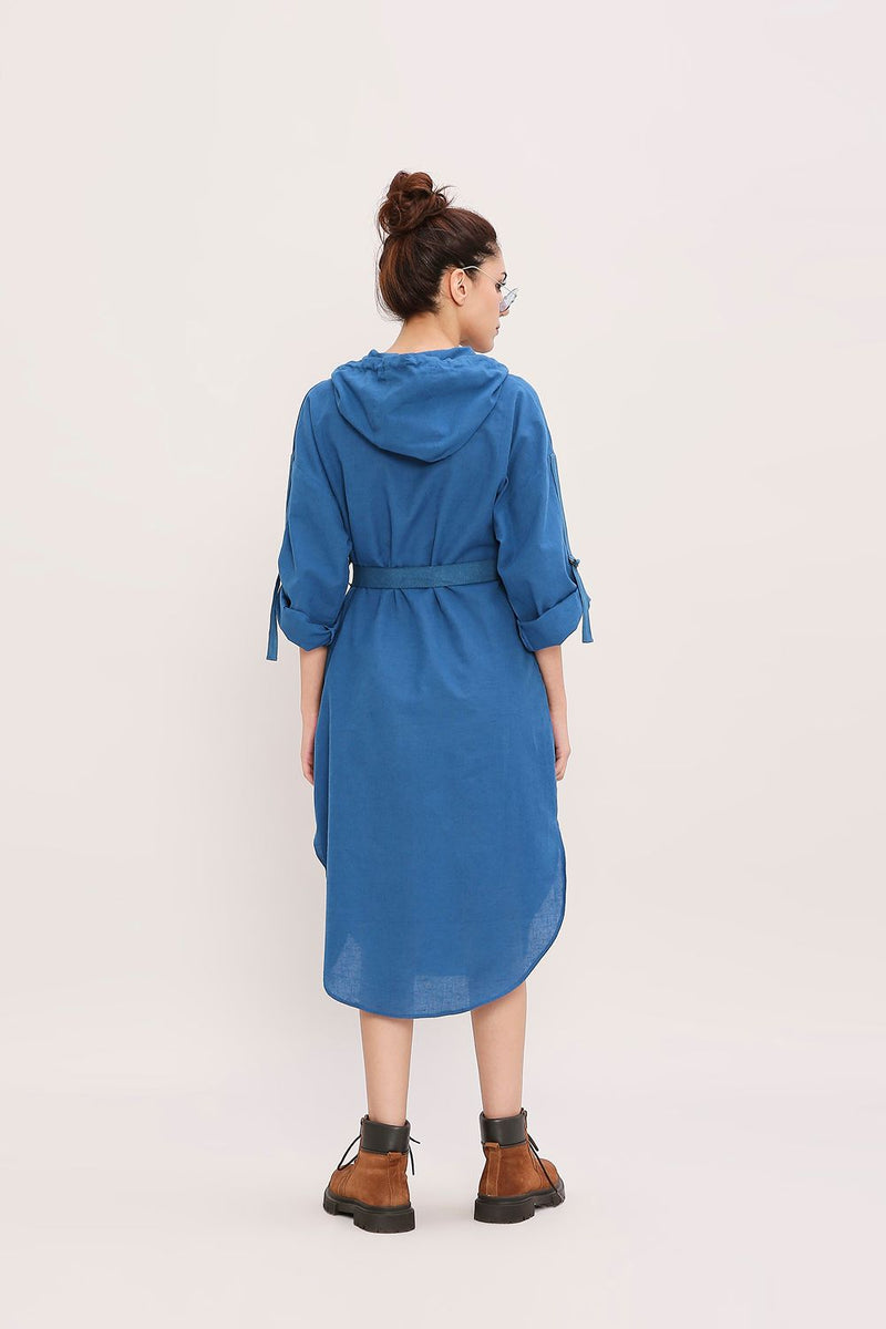 Blue Safari Pocket Hooded Dress cotton by Mati in blue color for women in Singapore