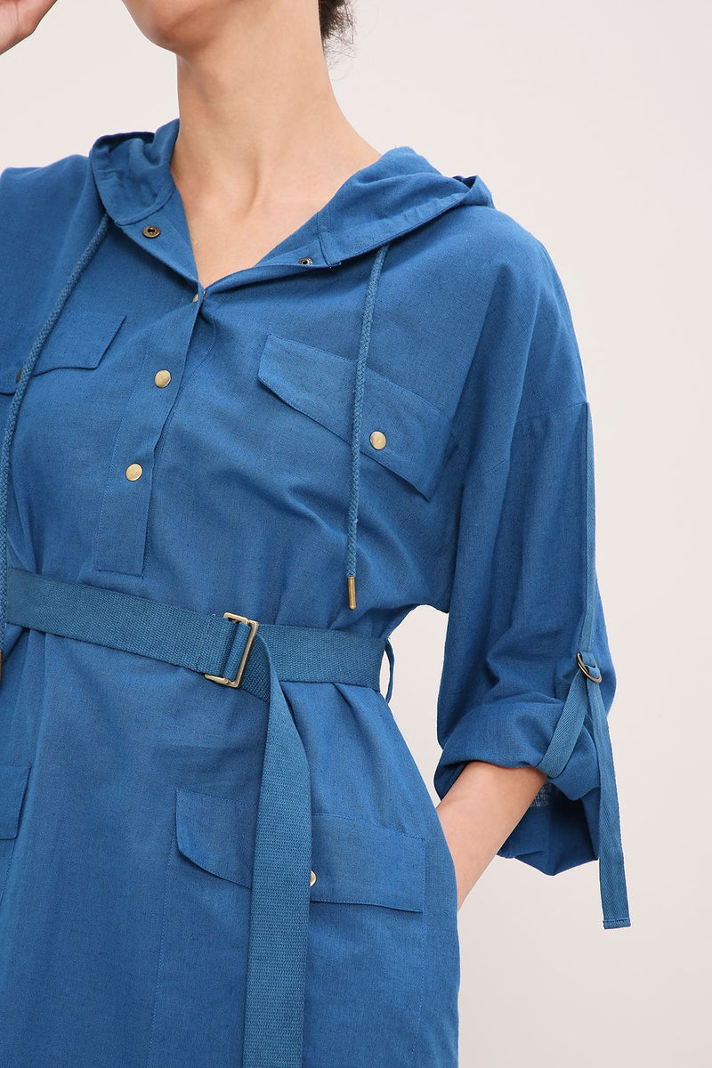 Blue Safari Pocket Hooded Dress cotton by Mati in blue color for women in Singapore