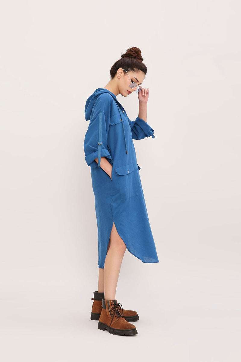 Blue Safari Pocket Hooded Dress cotton by Mati in blue color for women in Singapore