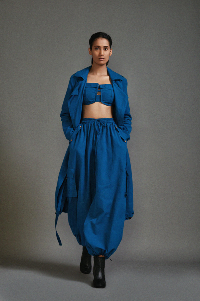 Blue Safari Trench Jacket cotton by Mati in blue color for women in Singapore