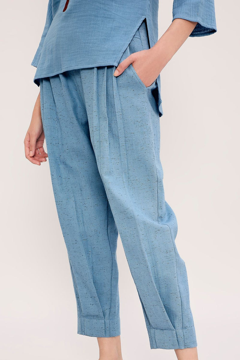 Blue Textured Cotton Dotted Pants cotton by Mati in blue color for women in Singapore