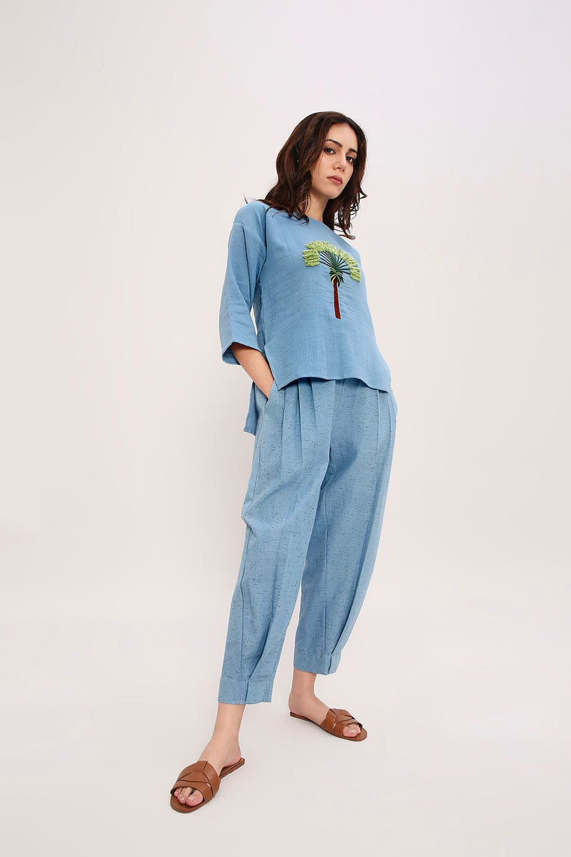 Blue Textured Cotton Dotted Pants cotton by Mati in blue color for women in Singapore