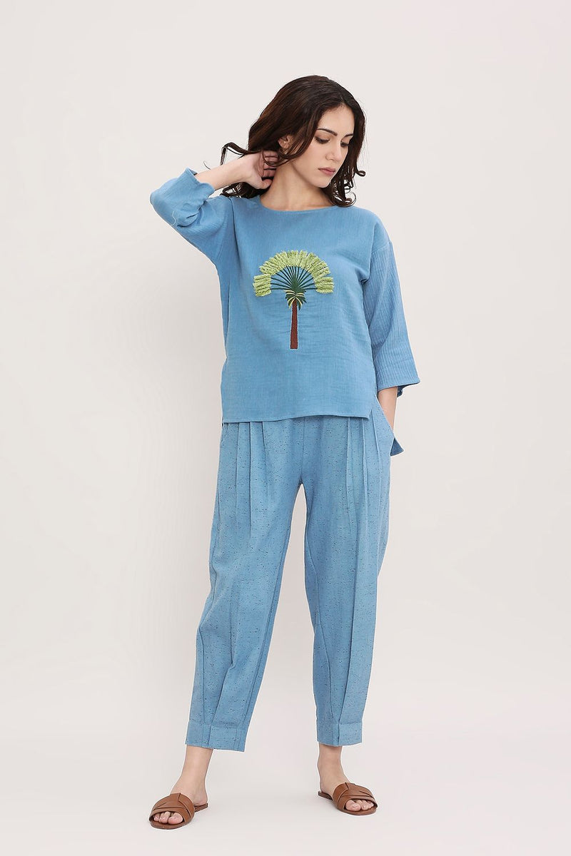 Blue Textured Cotton Dotted Pants cotton by Mati in blue color for women in Singapore