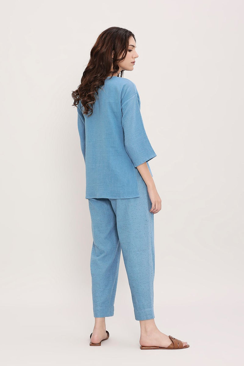 Blue Textured Cotton Dotted Pants cotton by Mati in blue color for women in Singapore
