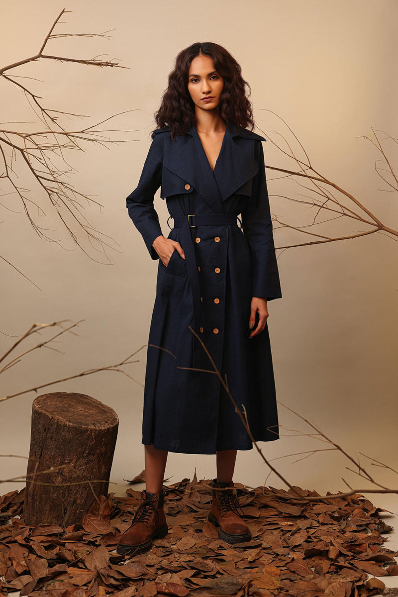 Blue Trench Dress 100% cotton by Mati in blue color for women in Singapore