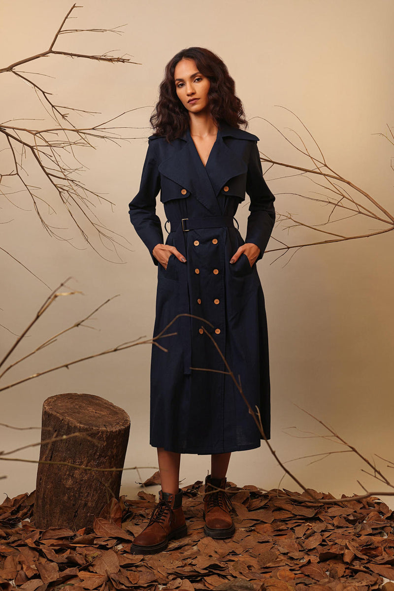 Blue Trench Dress 100% cotton by Mati in blue color for women in Singapore