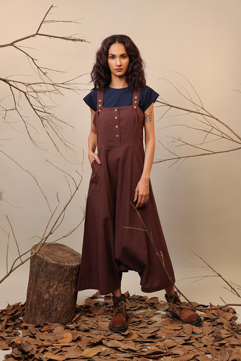 Blue & Brown Dungarees Set (2 PCS) 100% cotton by Mati in multi color for women in Singapore