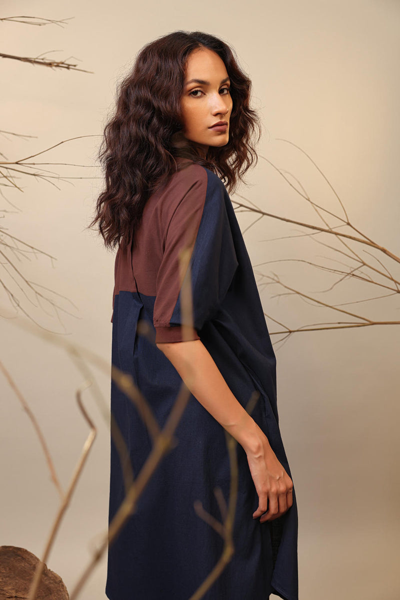 Blue & Brown Shirt Tunic Set (2 PCS) 100% cotton by Mati in multi color for women in Singapore