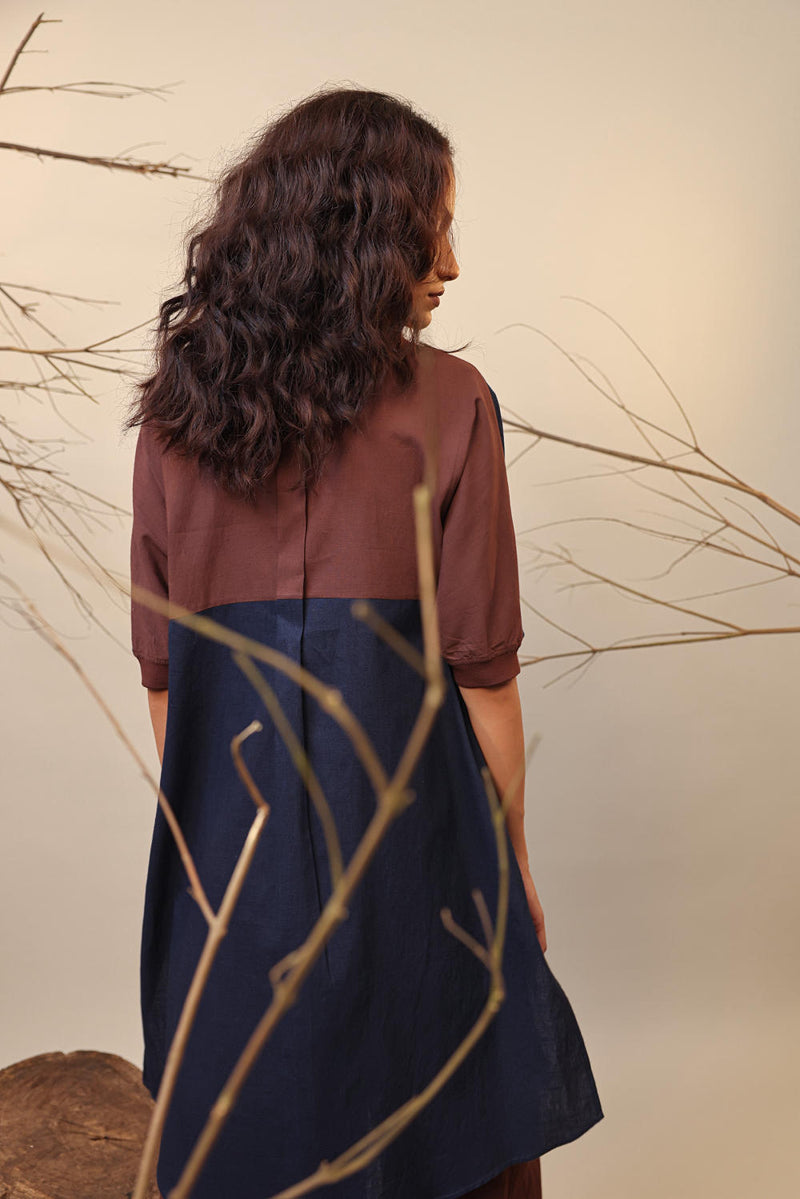 Blue & Brown Shirt Tunic Set (2 PCS) 100% cotton by Mati in multi color for women in Singapore