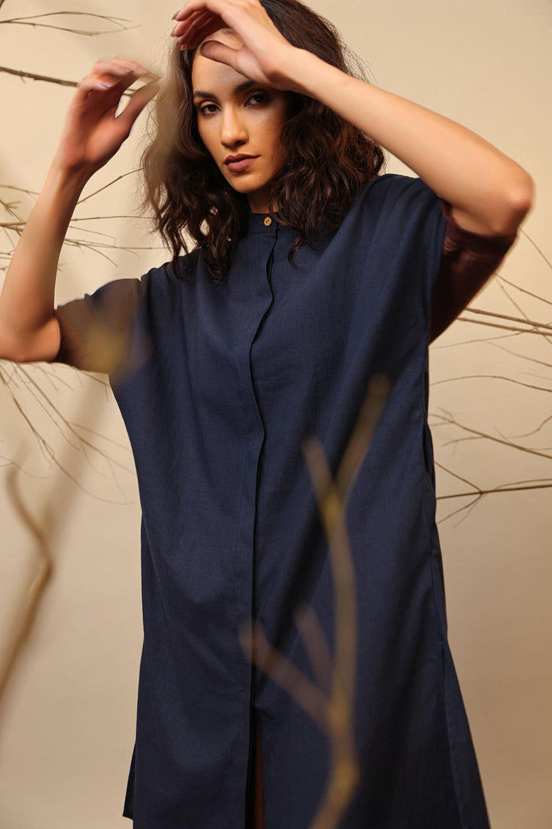 Blue & Brown Shirt Tunic Set (2 PCS) 100% cotton by Mati in multi color for women in Singapore