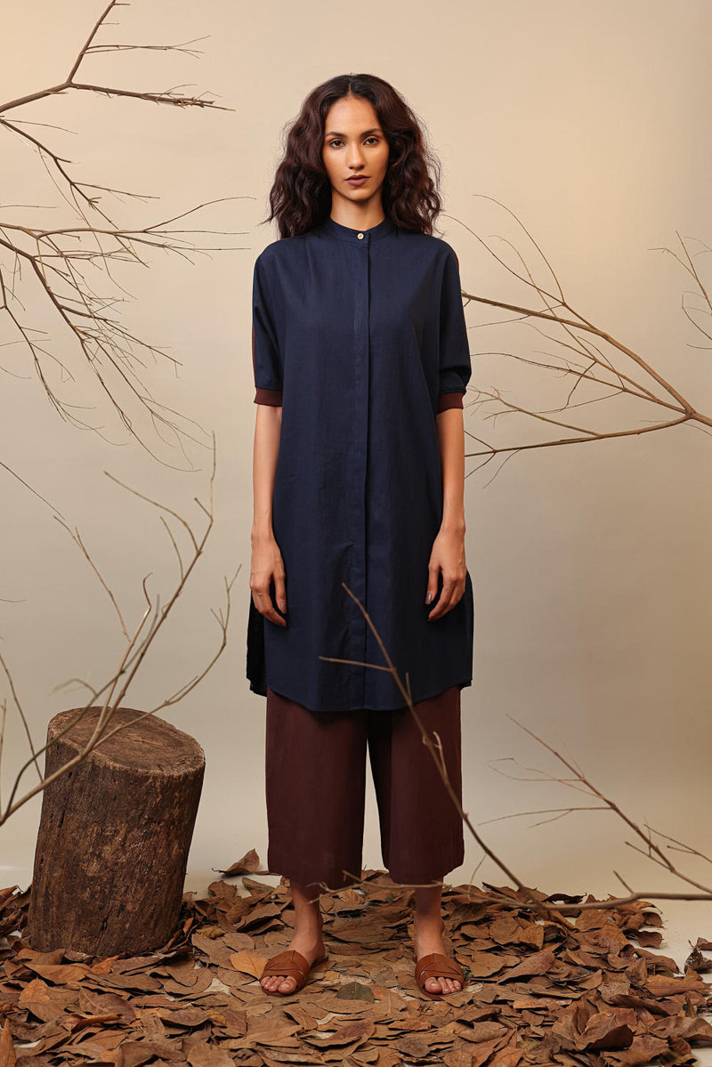 Blue & Brown Shirt Tunic 100% cotton by Mati in blue color for women in Singapore