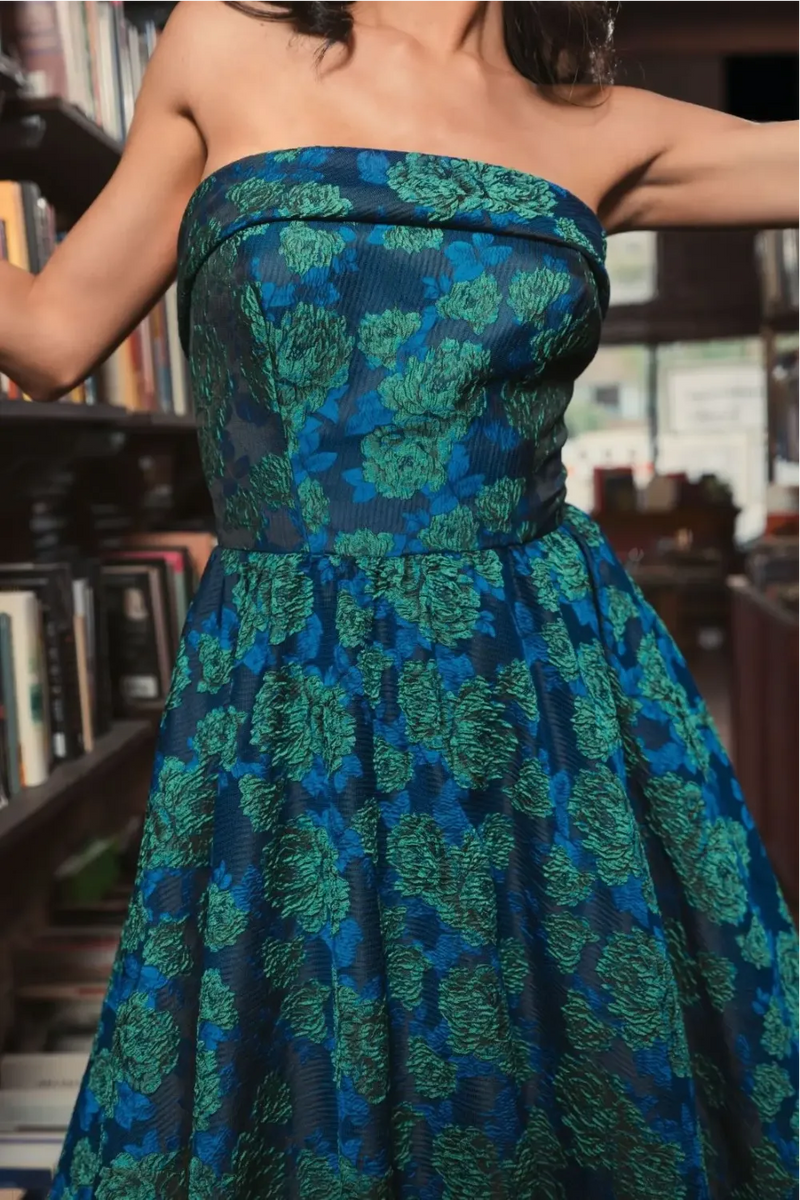 Blue and Green Brocade Strapless A Line Midi Dress brocade by Mac Duggal in multi color for women in Singapore