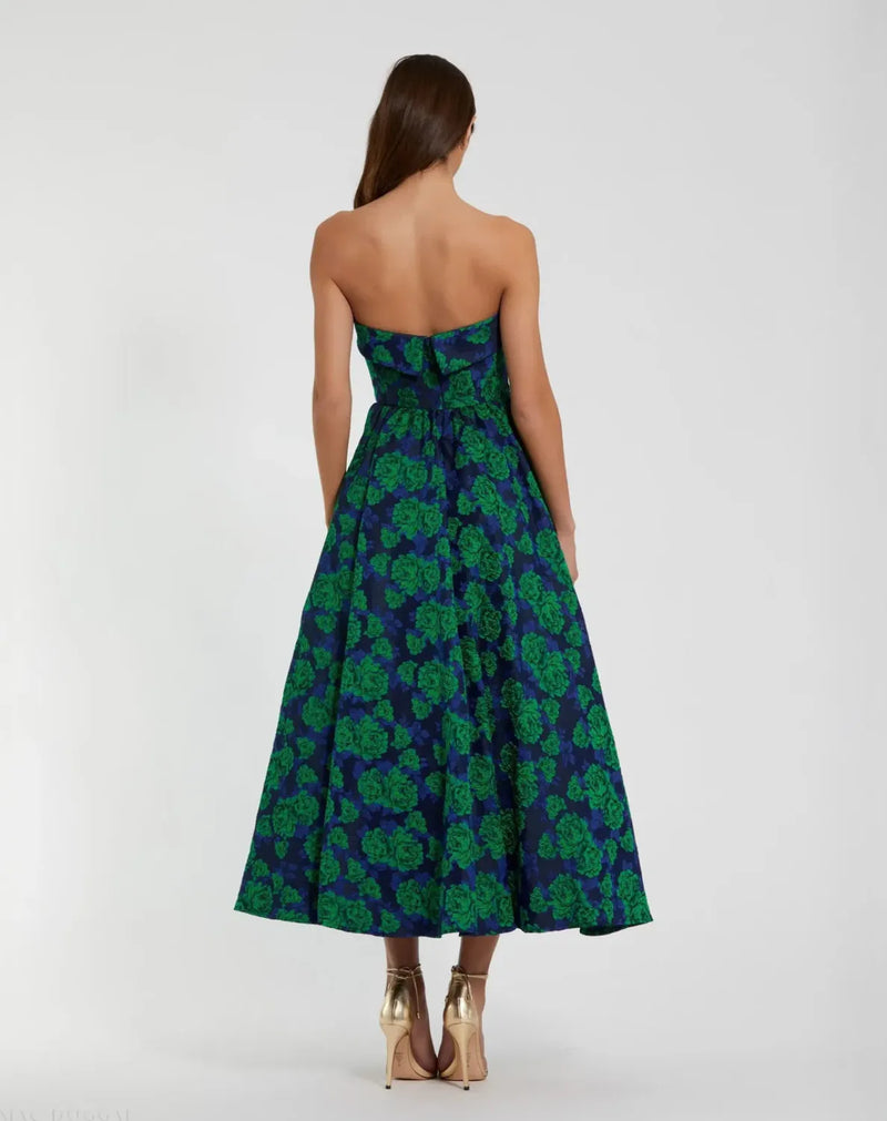 Blue and Green Brocade Strapless A Line Midi Dress brocade by Mac Duggal in multi color for women in Singapore